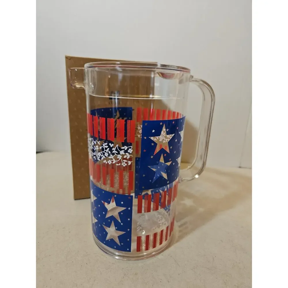 Vintage Avon Star Spangled Covered Pitcher w Lid Patriotic Red White Blue Box